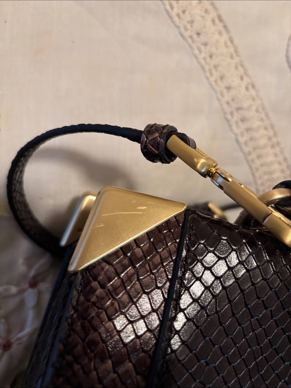 Calvin Klein Dark Brown Snake Print Satchel - Picture 7 of 9